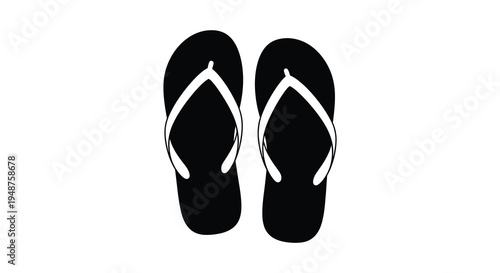 A pair of black flip flops are shown against a white background creating a striking silhouette