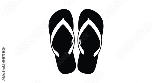 A pair of black and white flip flops displayed against a plain white background silhouette high quality