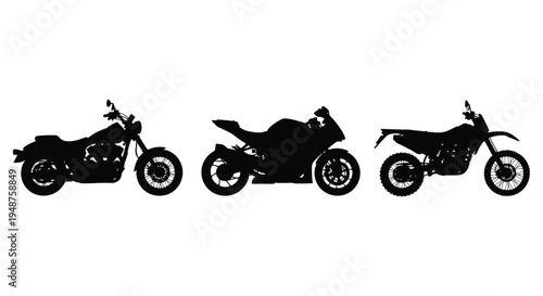 A striking collection of three motorcycle silhouettes in a minimalist black design silhouette high quality professional