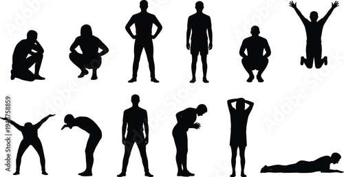 Collection of male human silhouettes showing fitness workout poses including stretching squatting standing jumping and bending isolated black figures for sport training design