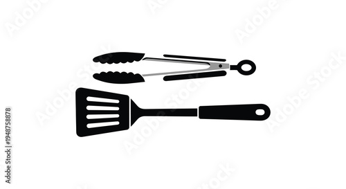 Black kitchen utensils including tongs and a spatula are depicted in a stark silhouette high quality