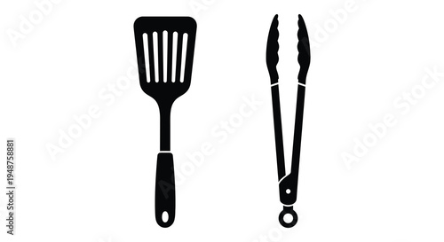 Black silhouettes of a spatula and tongs kitchen tools against a white background silhouette high quality