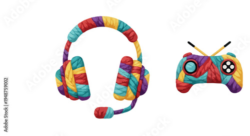 Colorful Yarn Wrapped Gaming Headset and Controller Illustration