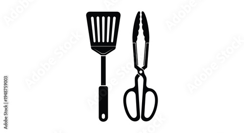 Black silhouettes of a kitchen spatula and tongs displayed against a stark white background silhouette