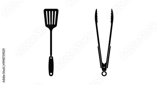Black kitchen tools including a spatula and tongs are displayed as a striking silhouette high quality