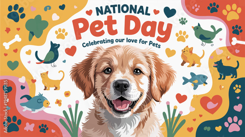 Happy dog celebrating national pet day with colorful paw prints and hearts