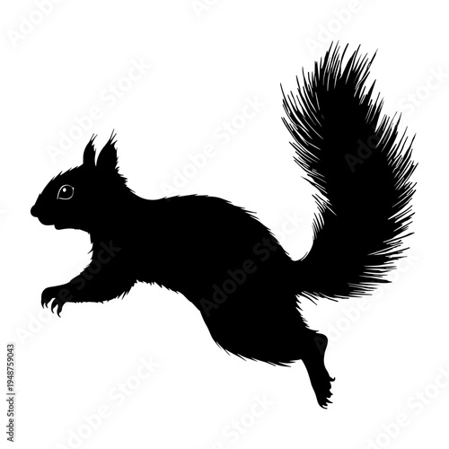 Silhouette of a running squirrel in mid-air, black on white background.