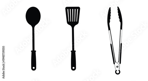A simple arrangement of kitchen utensils including a ladle spatula and tongs in silhouette high quality