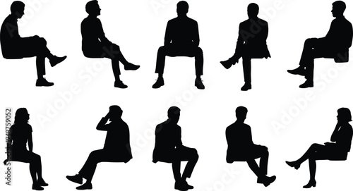 Collection of seated business people silhouettes in various sitting poses, men and women profile views isolated for interview, waiting room, presentation and infographic design