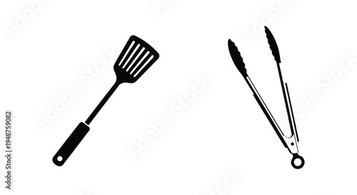 Black silhouettes of kitchen utensils including a spatula and tongs against a white background silhouette