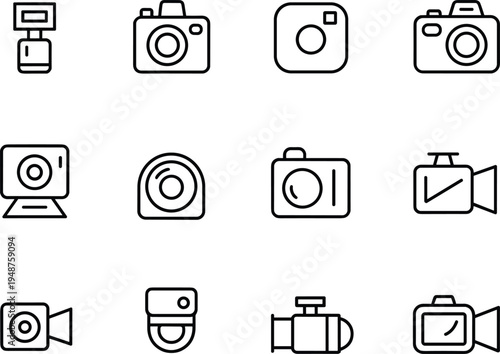 Camera and recording device icon set, photography graphics, video equipment symbols, security and digital camera figures, black vector, white background