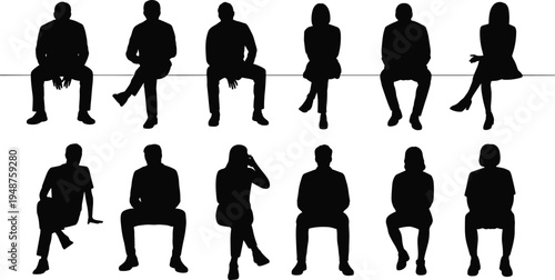 Collection of seated people silhouettes in different sitting poses, men and women sitting on chairs, human posture set isolated for business, interview, waiting room concepts