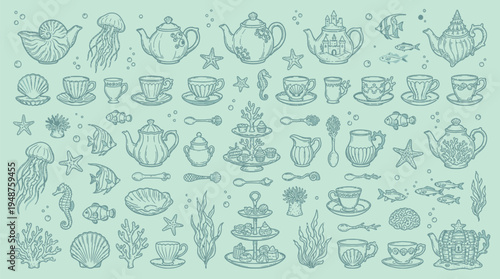 A whimsical collection of teapots, teacups, and saucers, adorned with marine life and oceanic elements, presented in a charming, hand-drawn sketch style.