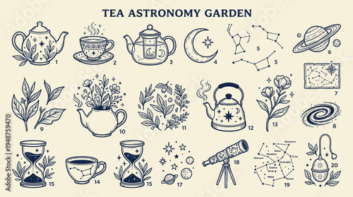 A whimsical collection of celestial and botanical illustrations, featuring teapots, cups, constellations, planets, and hourglasses, evoking a sense of cosmic tea time and garden magic.