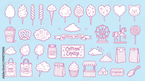 A delightful collection of whimsical pink and white carnival and cotton candy themed illustrations on a light blue background.