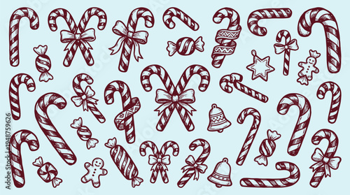A delightful collection of hand-drawn Christmas candy cane illustrations, featuring various designs and festive elements like bows and bells, set against a light blue background.