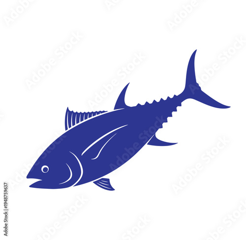blue fish with fins and tail swimming left on white background