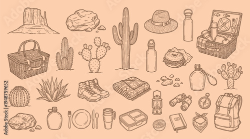 A charming hand-drawn illustration featuring a collection of desert-themed camping and hiking essentials, including cacti, rocks, hats, water bottles, and picnic gear.