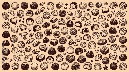A diverse collection of hand-drawn chocolates, showcasing various shapes, textures, and decorative swirls, presented on a textured background.