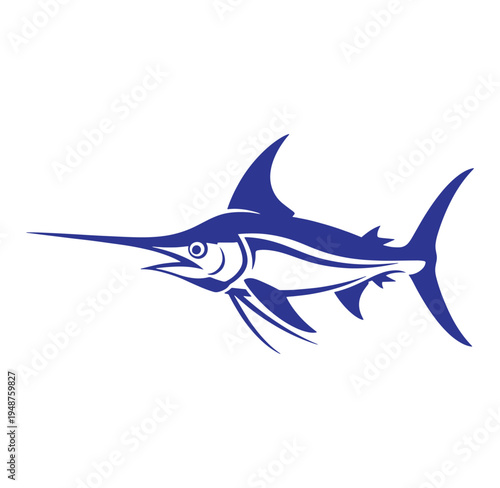blue marlin fish swimming left side profile isolated on white background