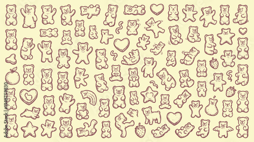 A large collection of hand-drawn gummy bear and other candy shapes in a scattered pattern on a light yellow background.