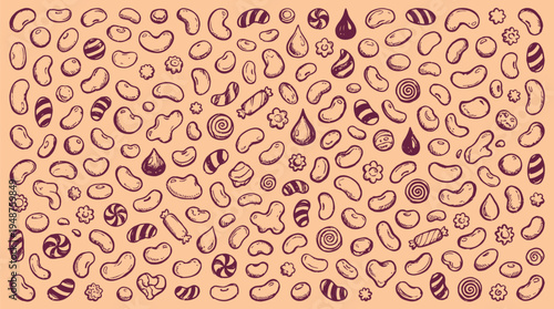 A whimsical and detailed illustration of a diverse assortment of candies and sweets, rendered in a charming hand-drawn style with a warm, peachy background.