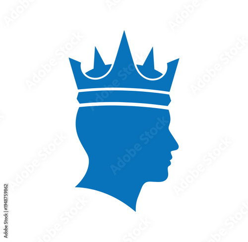Blue silhouette of a mans head wearing a crown on white background