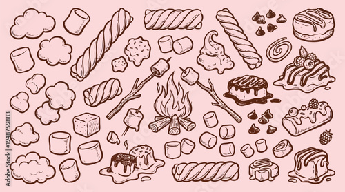 A delightful collection of hand-drawn illustrations featuring s'mores, marshmallows, campfire, and various sweet treats, perfect for a cozy outdoor gathering.