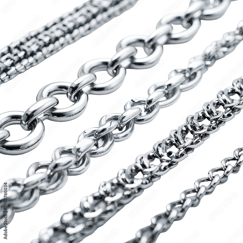 Fototapeta premium Close-up of various silver chains with unique link designs, isolated against a black background