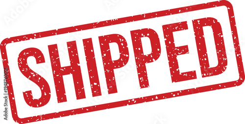 A striking red rectangular stamp features the clear word SHIPPED on an isolated white background