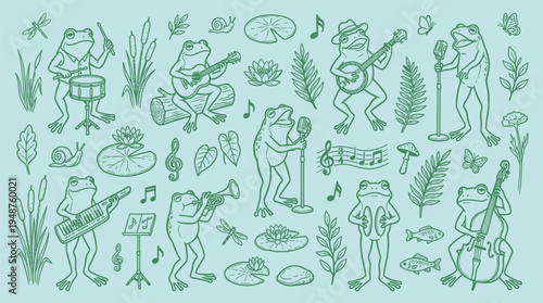 A whimsical illustration of a frog band playing music in a natural pond setting with various instruments and musical notes.