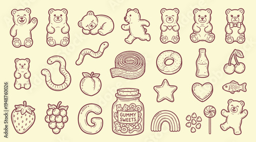 A charming collection of hand-drawn gummy candy illustrations in various fun shapes and forms, presented on a light yellow background.