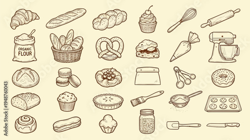 A charming collection of hand-drawn baking and pastry illustrations, showcasing a variety of breads, cakes, and baking tools.