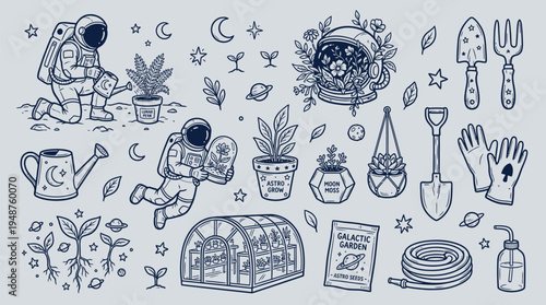 Whimsical illustration of astronauts tending to plants in space, featuring a greenhouse, gardening tools, and celestial elements.