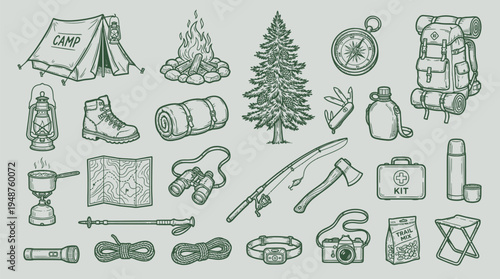 A comprehensive collection of hand-drawn illustrations depicting essential camping and outdoor adventure gear, presented in a vintage, monochromatic style.