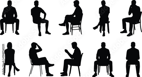 Collection of seated man silhouettes on chairs in different poses, business people sitting positions, human body posture set isolated, black vector silhouette illustration
