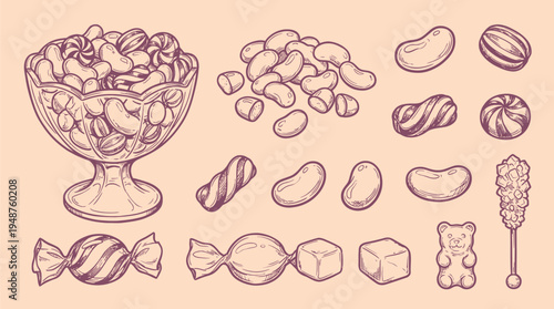 A charming hand-drawn sketch showcasing a delightful assortment of candies and sweets, presented in a vintage style.
