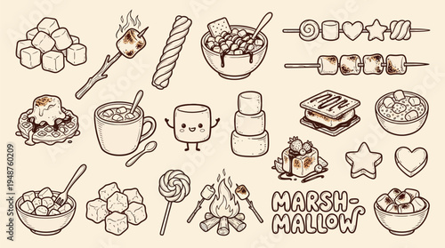A charming collection of hand-drawn illustrations featuring various marshmallow-themed treats and elements, perfect for a cozy, sweet aesthetic.