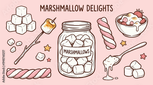 A delightful collection of sweet marshmallow treats, including a s'more on a stick, a jar of marshmallows, and a bowl of dessert.
