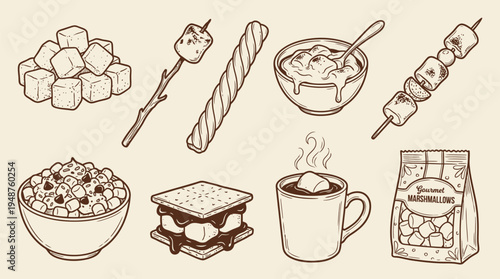 A delightful collection of sweet treats and ingredients for making s'mores and hot chocolate, perfect for a cozy gathering.