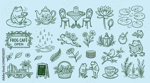 A charming collection of whimsical illustrations depicting a frog cafe scene with various elements like teapots, tables, chairs, plants, and frogs enjoying different activities.