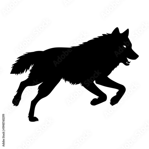 Silhouette of a running wolf with open mouth and sharp teeth.
