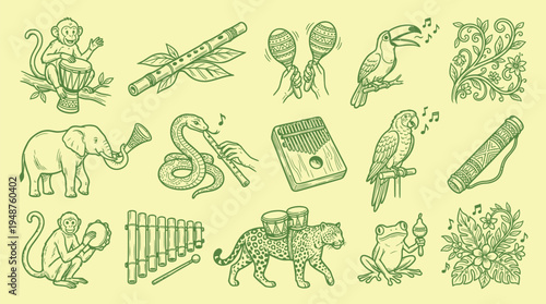 A whimsical illustration featuring a collection of jungle animals playing musical instruments, set against a pale yellow background.
