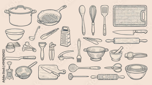 A detailed illustration showcasing a wide array of kitchen utensils and cookware, rendered in a vintage, hand-drawn style.