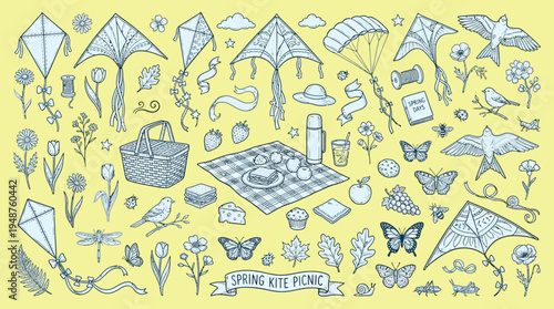A whimsical collection of hand-drawn illustrations depicting a delightful spring kite picnic scene, featuring kites, butterflies, birds, flowers, and picnic essentials.