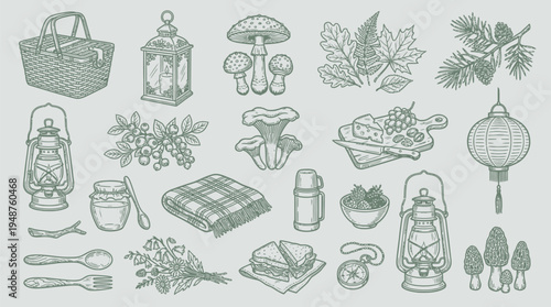 A collection of vintage-style illustrations depicting items for a picnic or outdoor excursion, including a basket, lanterns, food, and natural elements.