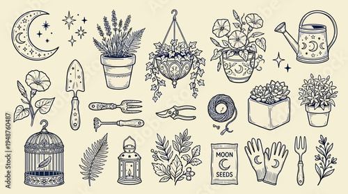 A whimsical collection of hand-drawn illustrations featuring celestial elements, gardening tools, potted plants, and a birdcage, evoking a magical and serene atmosphere.