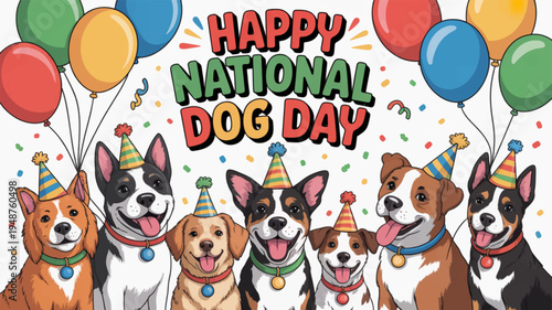 Happy national dog day celebration with dogs wearing party hats and colorful balloons