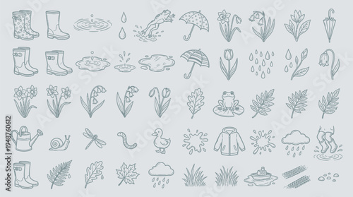 A collection of hand-drawn spring-themed icons, featuring rain boots, flowers, umbrellas, and various elements of nature and weather.