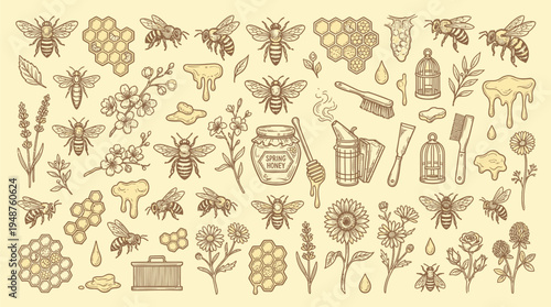 A vintage-style illustration featuring a collection of detailed drawings related to beekeeping, including bees, honeycombs, flowers, and beekeeping equipment.